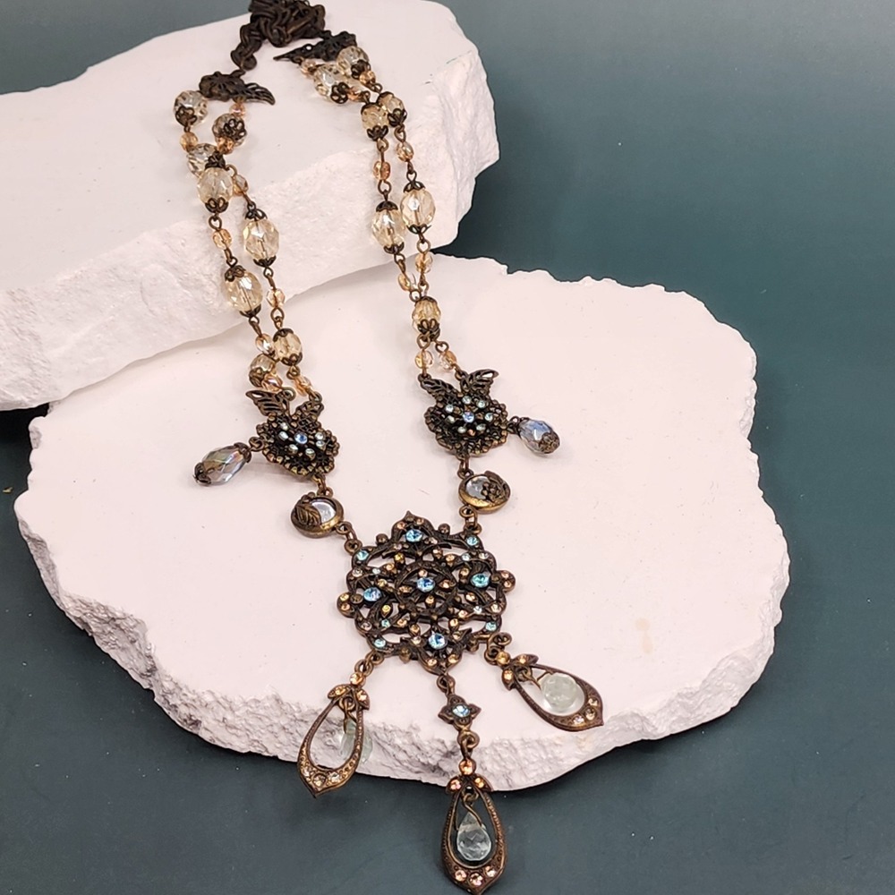 Antique Brass Filigree Blue Rhinestone Crystal Drop Statement Necklace 20in
